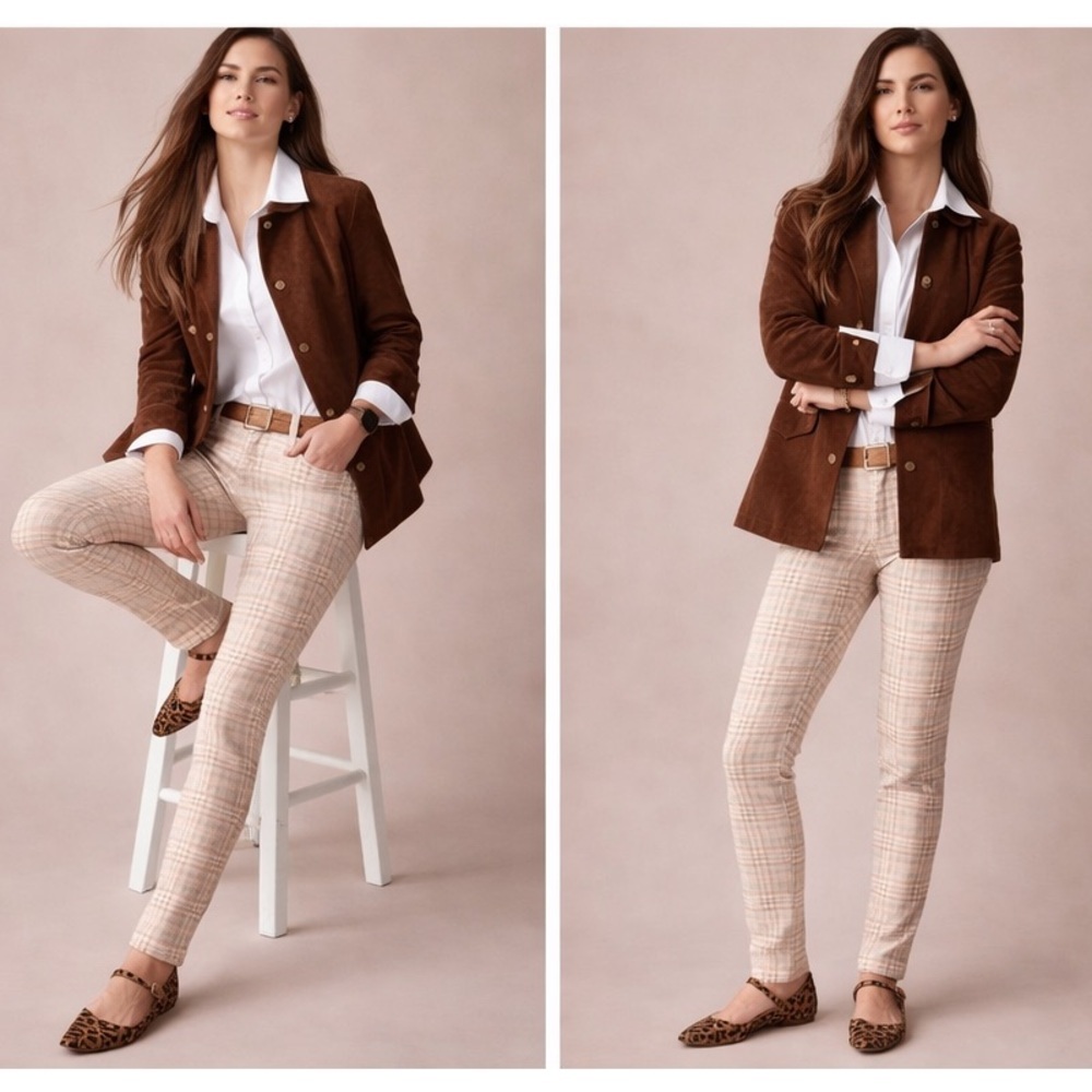 NWT J McLaughlin Lexi Jean Knit Hilltop Plaid Khaki Pink $178. 4 Way Stretch 12 - Picture 9 of 9